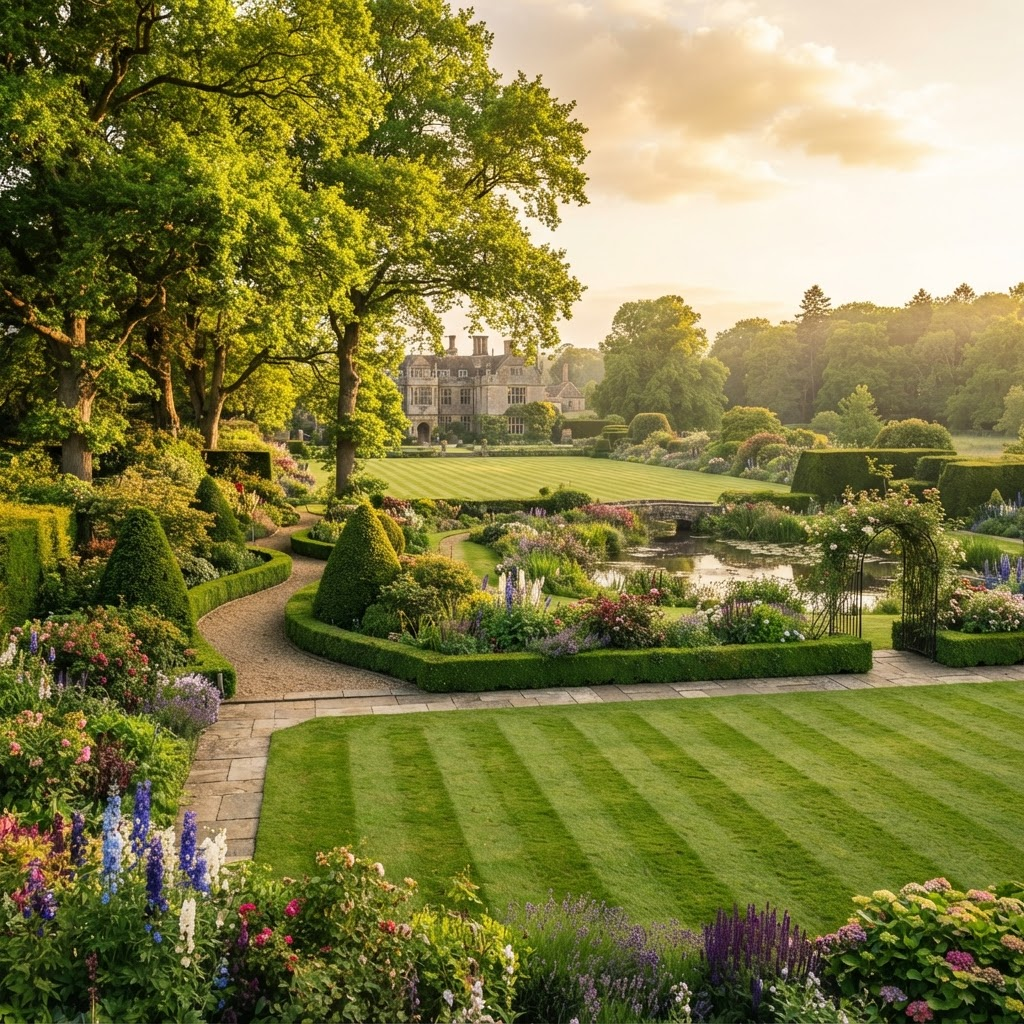 A beautifully manicured garden with a freshly mowed striped lawn and mature trees